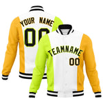Custom White Fluorescent Green Yellow Personalization Varsity Full-Snap Three Color Blocks Letterman Jacket | BuyFootballJersey