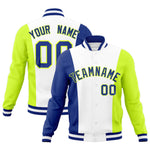 Custom White Royal Blue Fluorescent Green Personalization Varsity Full-Snap Three Color Blocks Letterman Jacket | BuyFootballJersey