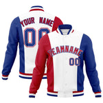 Custom White Red Royal Blue Personalization Varsity Full-Snap Three Color Blocks Letterman Jacket | BuyFootballJersey