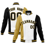 Custom White Old Gold Black Personalization Varsity Full-Snap Three Color Blocks Letterman Jacket | BuyFootballJersey