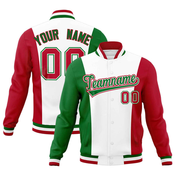 Custom White Kelly Green Red Personalization Varsity Full-Snap Three Color Blocks Letterman Jacket | BuyFootballJersey