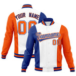 Custom White Royal Blue Orange Personalization Varsity Full-Snap Three Color Blocks Letterman Jacket | BuyFootballJersey