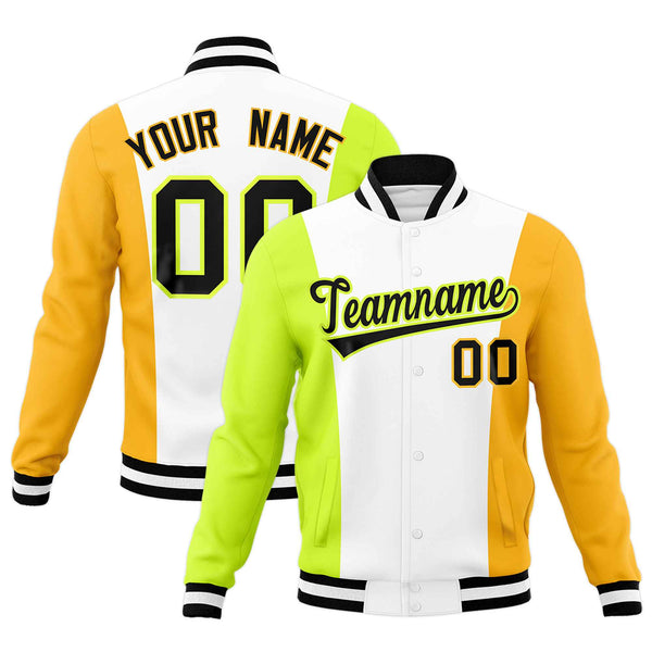 Custom White Fluorescent Green Yellow Personalization Varsity Full-Snap Three Color Blocks Letterman Jacket | BuyFootballJersey