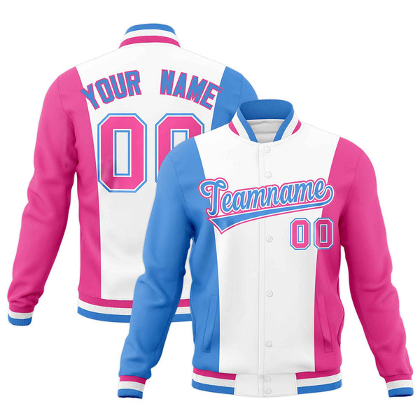 Custom White Powder Blue Pink Personalization Varsity Full-Snap Three Color Blocks Letterman Jacket | BuyFootballJersey