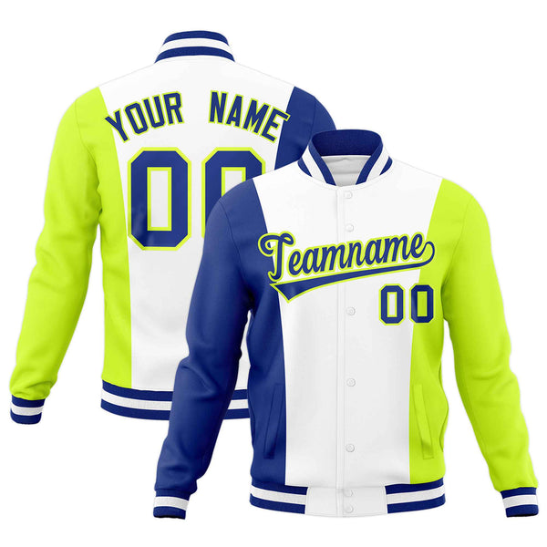 Custom White Royal Blue Fluorescent Green Personalization Varsity Full-Snap Three Color Blocks Letterman Jacket | BuyFootballJersey
