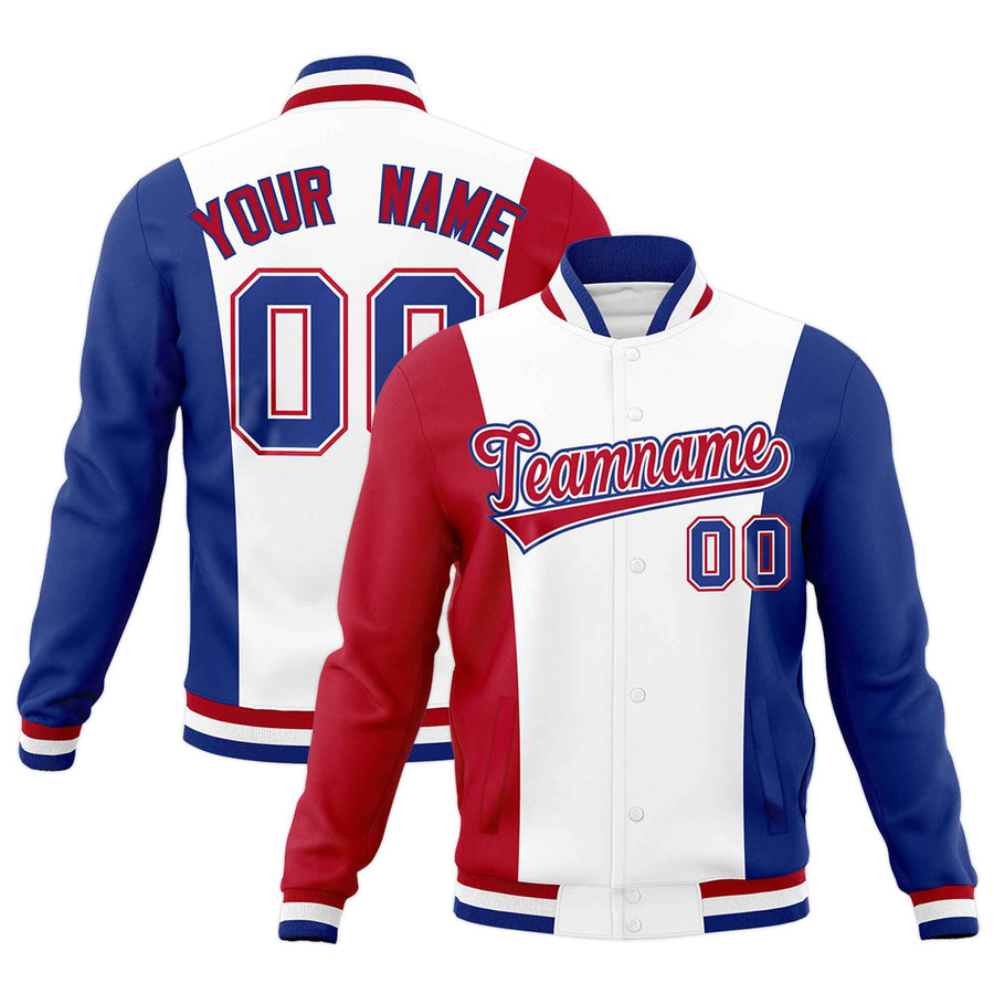 Custom White Red Royal Blue Personalization Varsity Full-Snap Three Color Blocks Letterman Jacket | BuyFootballJersey