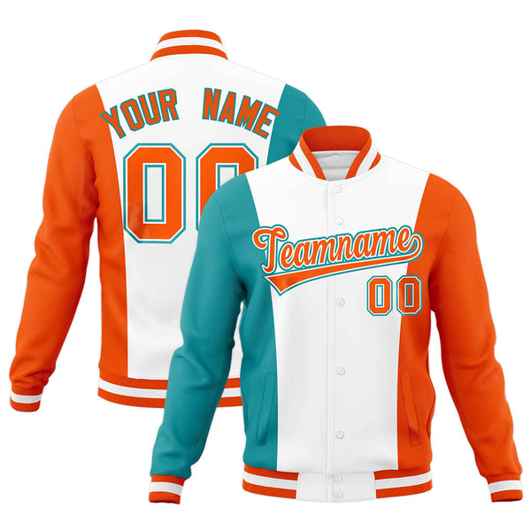 Custom White Aqua Orange Personalization Varsity Full-Snap Three Color Blocks Letterman Jacket | BuyFootballJersey