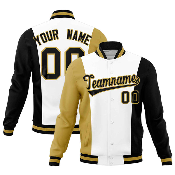Custom White Old Gold Black Personalization Varsity Full-Snap Three Color Blocks Letterman Jacket | BuyFootballJersey