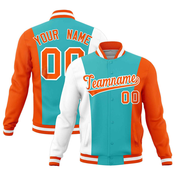 Custom Teal White Orange Personalization Varsity Full-Snap Three Color Blocks Letterman Jacket | BuyFootballJersey