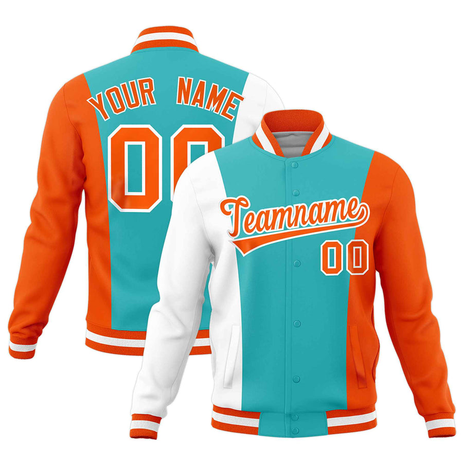 Custom Teal White Orange Personalization Varsity Full-Snap Three Color Blocks Letterman Jacket | BuyFootballJersey