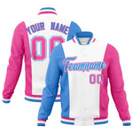 Custom White Powder Blue Pink Personalization Varsity Full-Snap Three Color Blocks Letterman Jacket | BuyFootballJersey