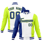Custom White Royal Blue Fluorescent Green Personalization Varsity Full-Snap Three Color Blocks Letterman Jacket | BuyFootballJersey