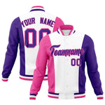 Custom White Pink Purple Personalization Varsity Full-Snap Three Color Blocks Letterman Jacket | BuyFootballJersey