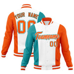 Custom White Aqua Orange Personalization Varsity Full-Snap Three Color Blocks Letterman Jacket | BuyFootballJersey