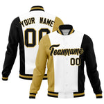 Custom White Old Gold Black Personalization Varsity Full-Snap Three Color Blocks Letterman Jacket | BuyFootballJersey