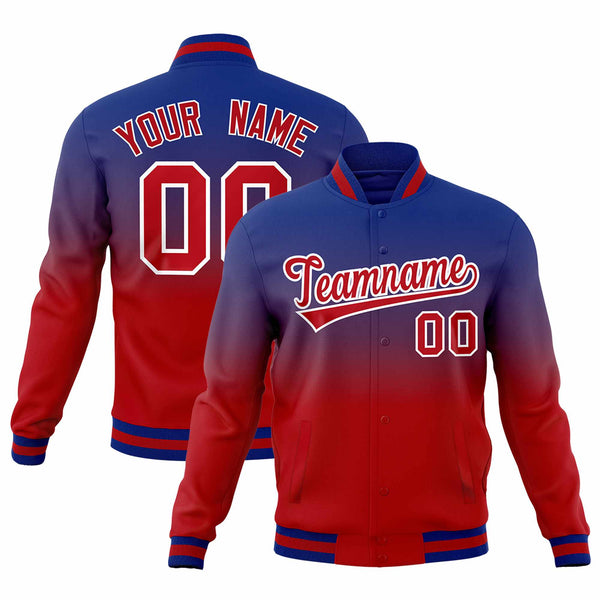 Custom Royal Red Full-Snap Varsity Personalization Gradient Fashion Letterman Jacket | BuyFootballJersey