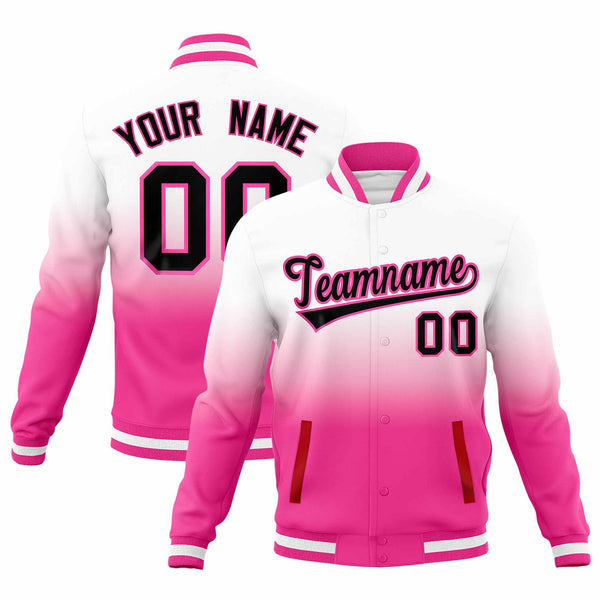 Custom White Pink Full-Snap Varsity Personalization Gradient Fashion Letterman Jacket | BuyFootballJersey