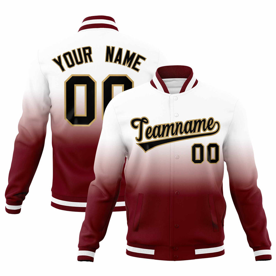 Custom White Crimson Full-Snap Varsity Personalization Gradient Fashion Letterman Jacket | BuyFootballJersey