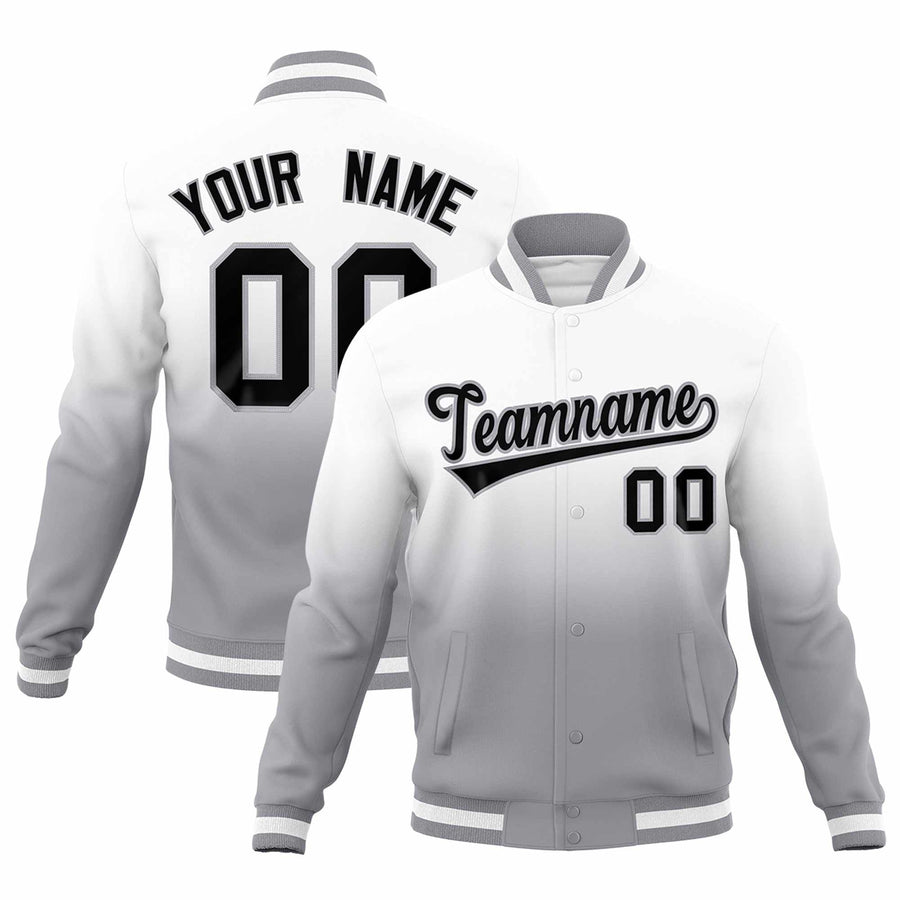 Custom White Gray Full-Snap Varsity Personalization Gradient Fashion Letterman Jacket | BuyFootballJersey