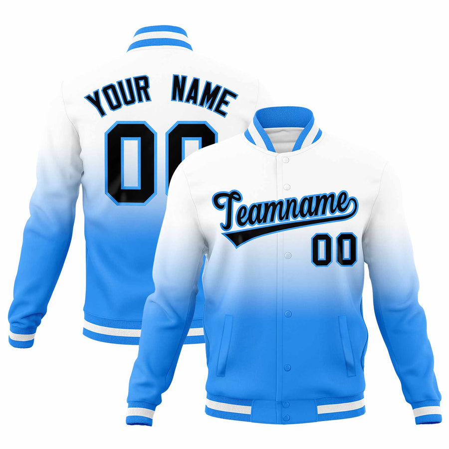 Custom White Powder Blue Full-Snap Varsity Personalization Gradient Fashion Letterman Jacket | BuyFootballJersey