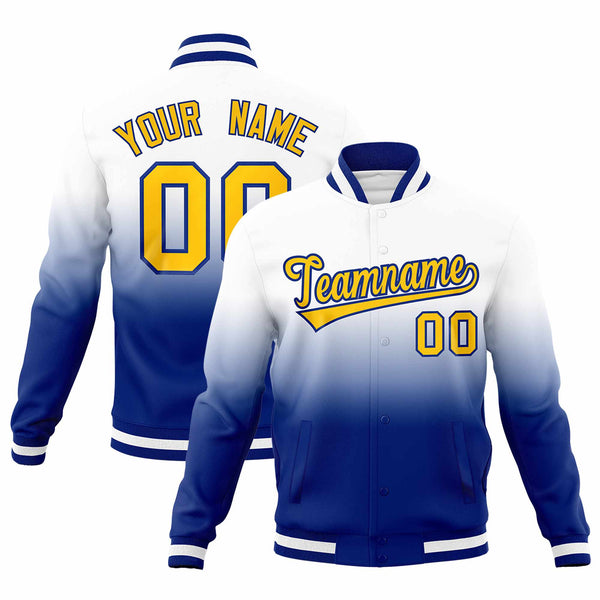 Custom White Royal Full-Snap Varsity Personalization Gradient Fashion Letterman Jacket | BuyFootballJersey