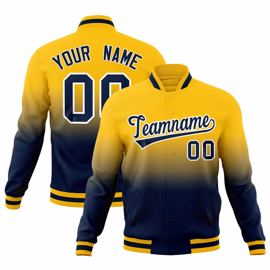 Custom Yellow Navy Full-Snap Varsity Personalization Gradient Fashion Letterman Jacket | BuyFootballJersey