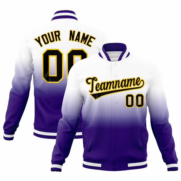 Custom White Purple Full-Snap Varsity Personalization Gradient Fashion Letterman Jacket | BuyFootballJersey