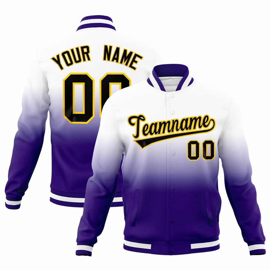 Custom White Purple Full-Snap Varsity Personalization Gradient Fashion Letterman Jacket | BuyFootballJersey