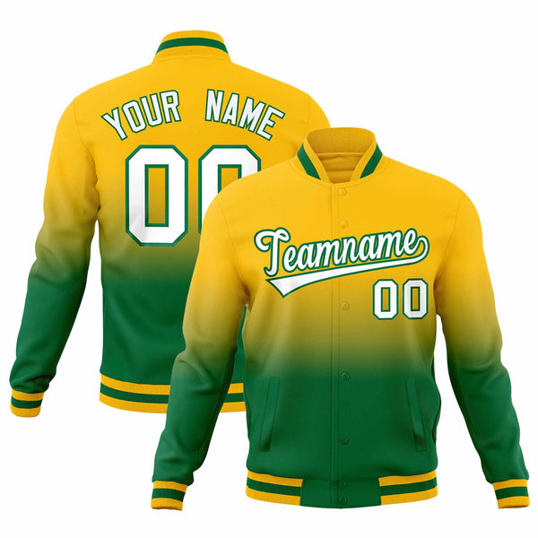 Custom Yellow Kelly Green Full-Snap Varsity Personalization Gradient Fashion Letterman Jacket | BuyFootballJersey