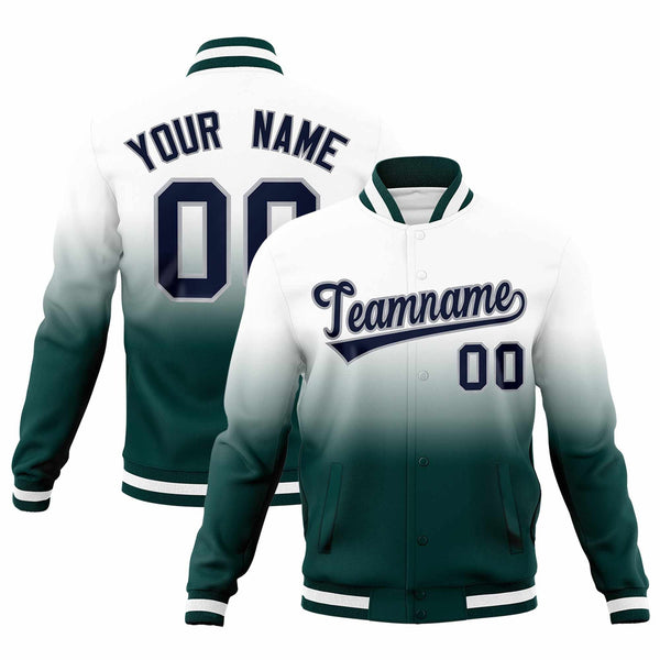 Custom White Midnight Green Full-Snap Varsity Personalization Gradient Fashion Letterman Jacket | BuyFootballJersey
