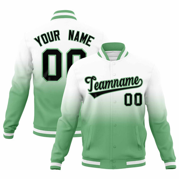 Custom White Green Full-Snap Varsity Personalization Gradient Fashion Letterman Jacket | BuyFootballJersey