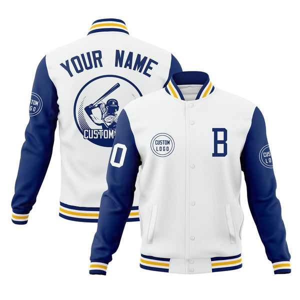 Custom White Royal Raglan Sleeves Full-Snap Varsity Personalized Letterman Baseball Coats Jacket | BuyFootballJersey