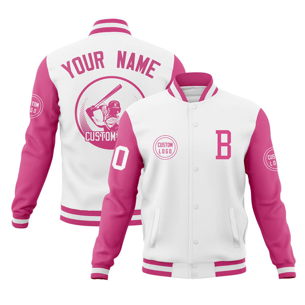 Custom White Pink Raglan Sleeves Full-Snap Varsity Personalized Letterman Baseball Coats Jacket | BuyFootballJersey