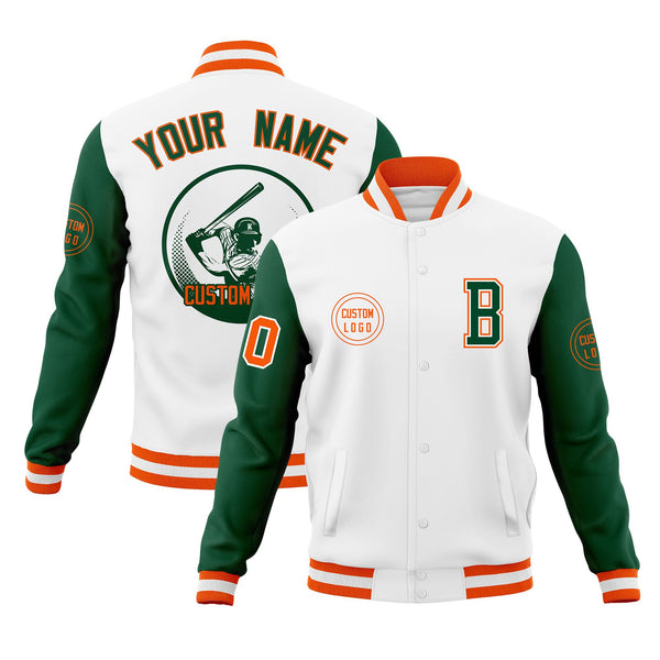 Custom White Green Raglan Sleeves Full-Snap Varsity Personalized Letterman Baseball Coats Jacket | BuyFootballJersey