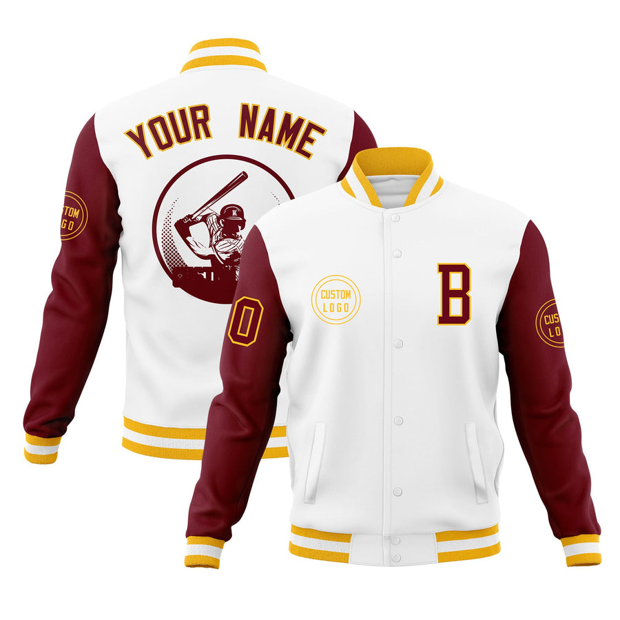 Custom White Crimson Raglan Sleeves Full-Snap Varsity Personalized Letterman Baseball Coats Jacket | BuyFootballJersey