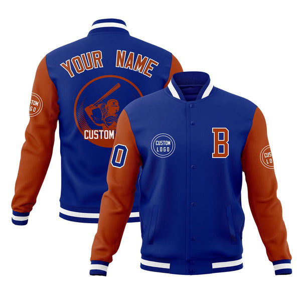 Custom Royal Texas Orange Raglan Sleeves Full-Snap Varsity Personalized Letterman Baseball Coats Jacket | BuyFootballJersey