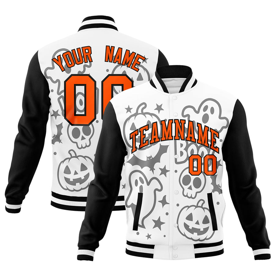 Custom White Black Orange Bats Pumpkins Ghost Patterns Halloween Letterman Jacket | BuyFootballJersey