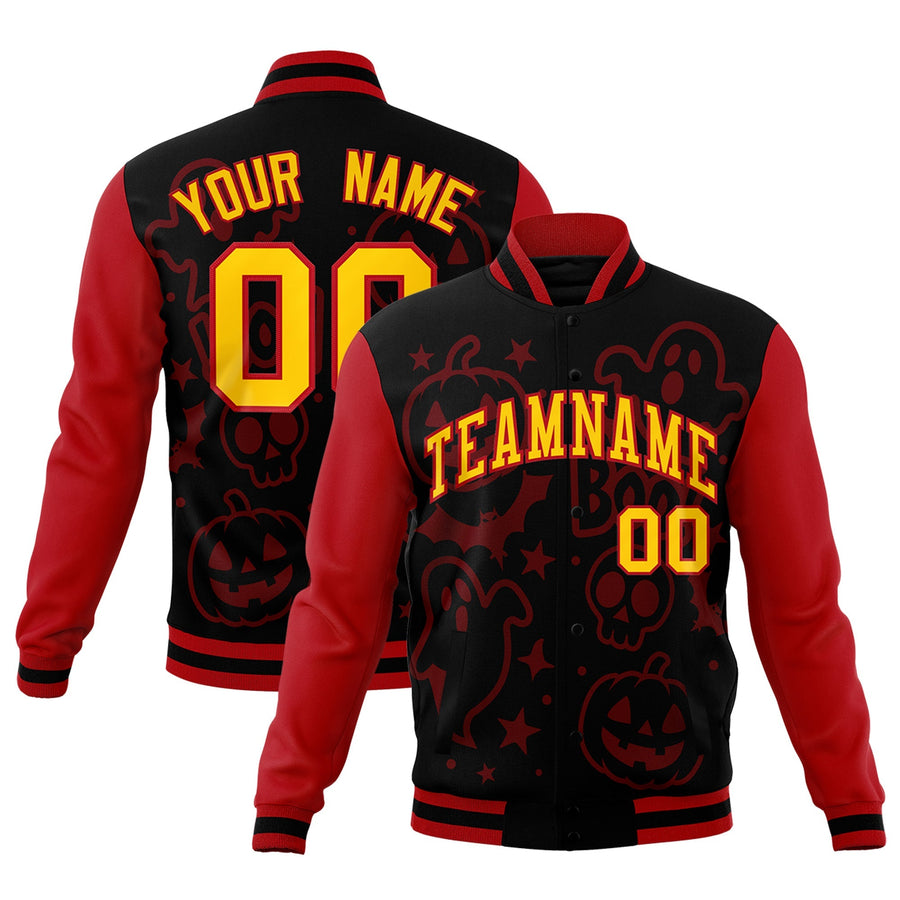 Custom Red Black Gold Bats Pumpkins Ghost Patterns Halloween Letterman Jacket | BuyFootballJersey