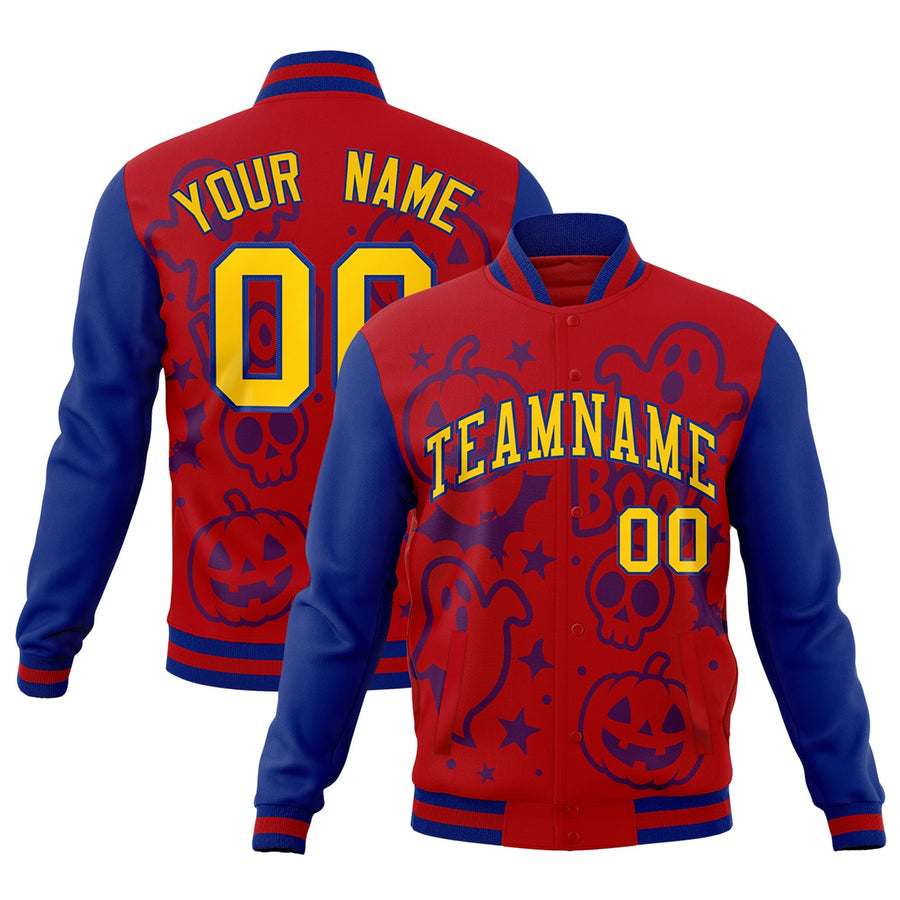 Custom Royal Red Royal Blue Bats Pumpkins Ghost Patterns Halloween Letterman Jacket | BuyFootballJersey