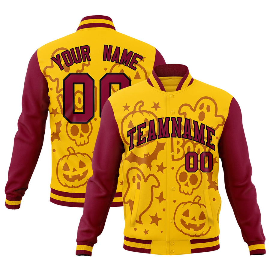 Custom Crimson Gold Yellow Bats Pumpkins Ghost Patterns Halloween Letterman Jacket | BuyFootballJersey