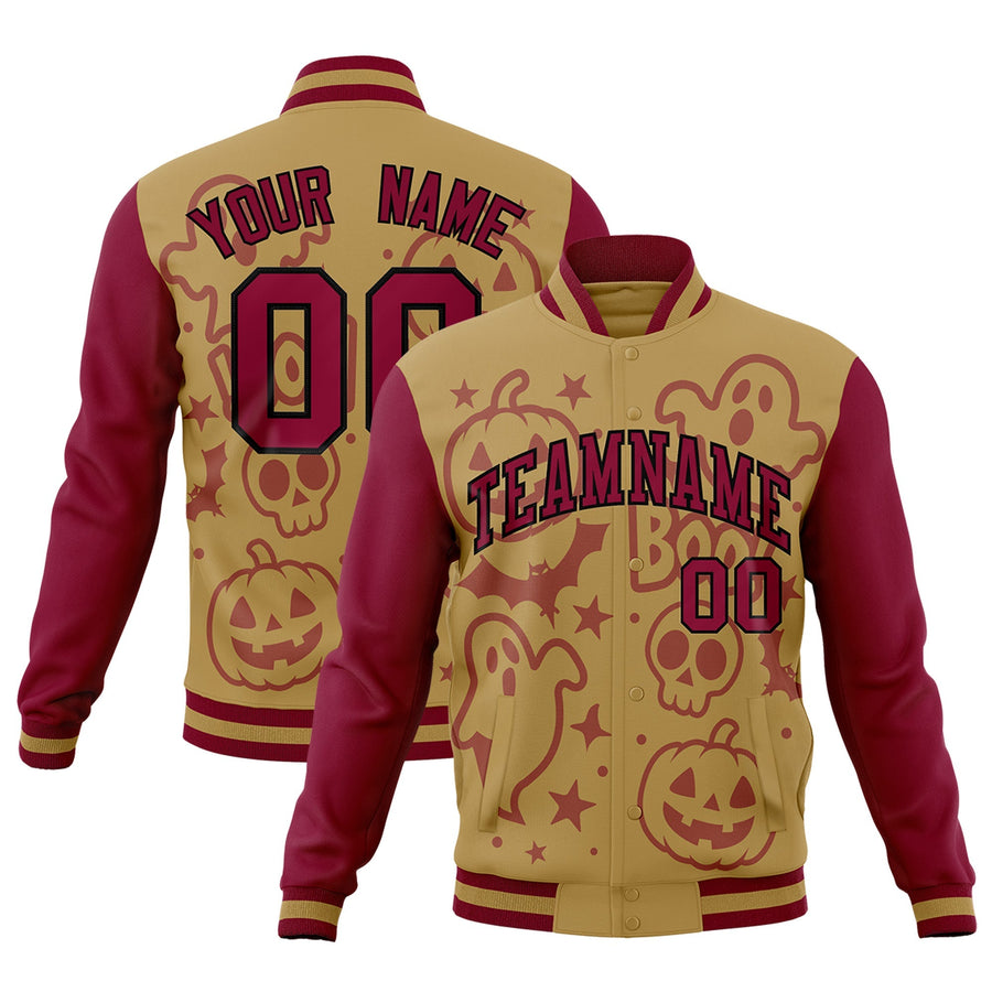 Custom Khaki Crimson Black Bats Pumpkins Ghost Patterns Halloween Letterman Jacket | BuyFootballJersey