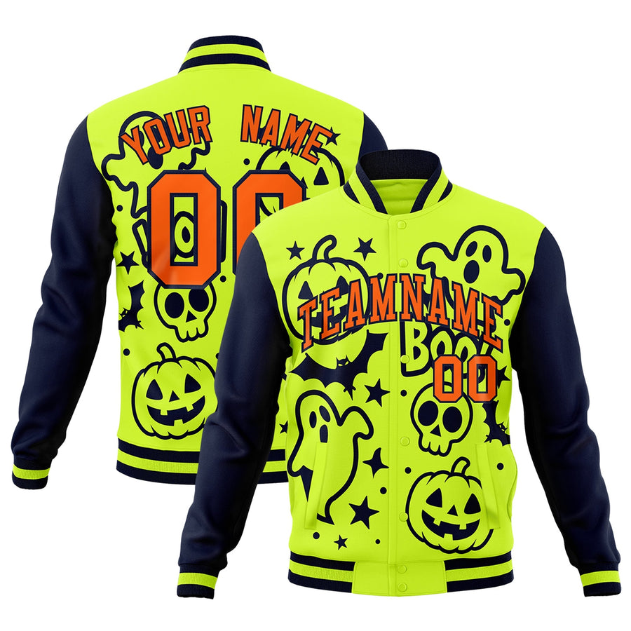 Custom Neon Green Navy Orange Bats Pumpkins Ghost Patterns Halloween Letterman Jacket | BuyFootballJersey