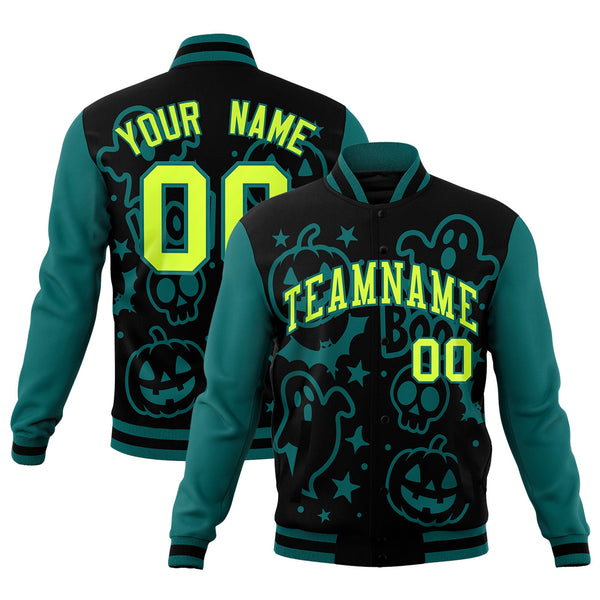 Custom Teal Black Neon Green Bats Pumpkins Ghost Patterns Halloween Letterman Jacket | BuyFootballJersey