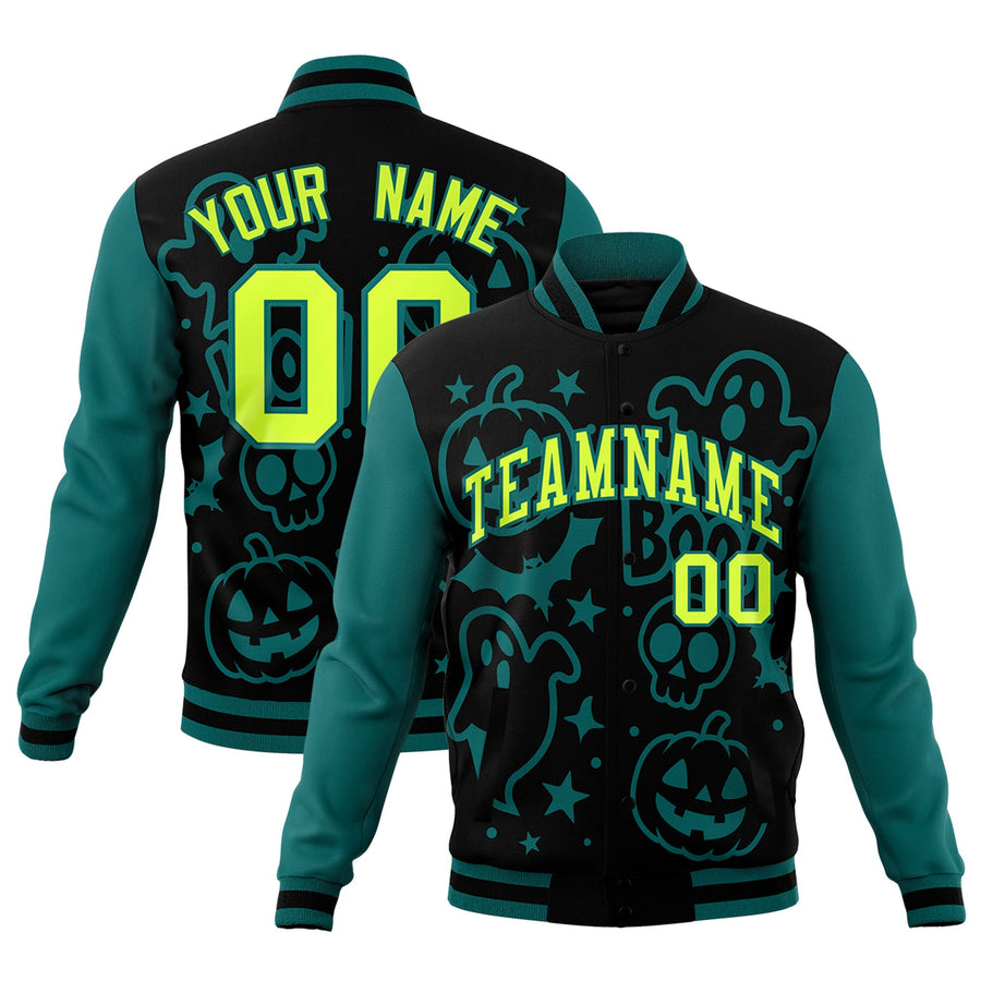 Custom Teal Black Neon Green Bats Pumpkins Ghost Patterns Halloween Letterman Jacket | BuyFootballJersey