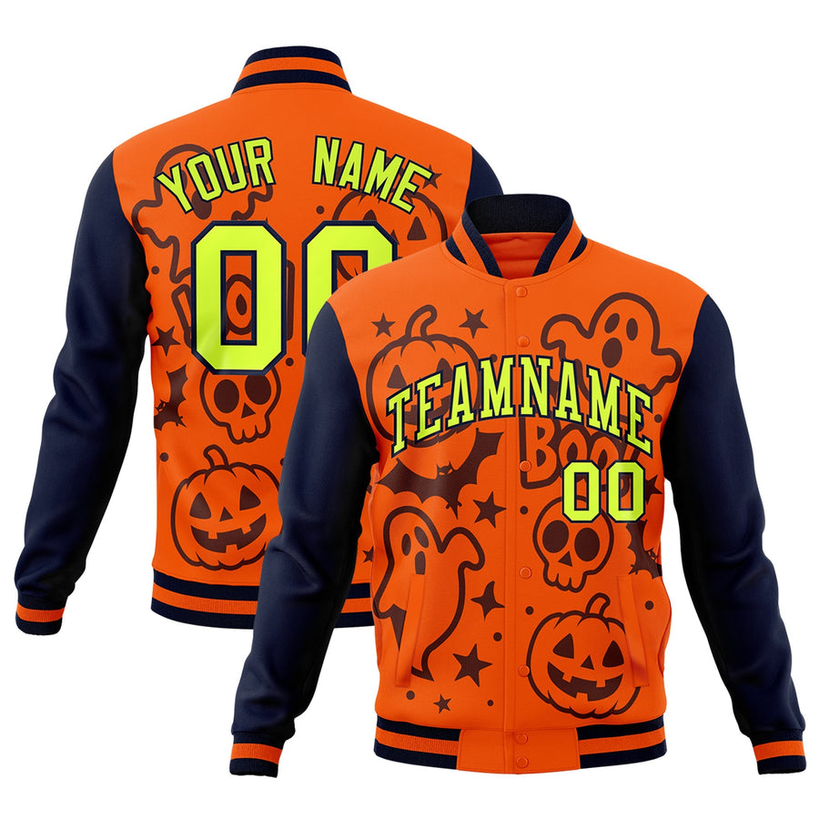 Custom Navy Orange Teal Bats Pumpkins Ghost Patterns Halloween Letterman Jacket | BuyFootballJersey