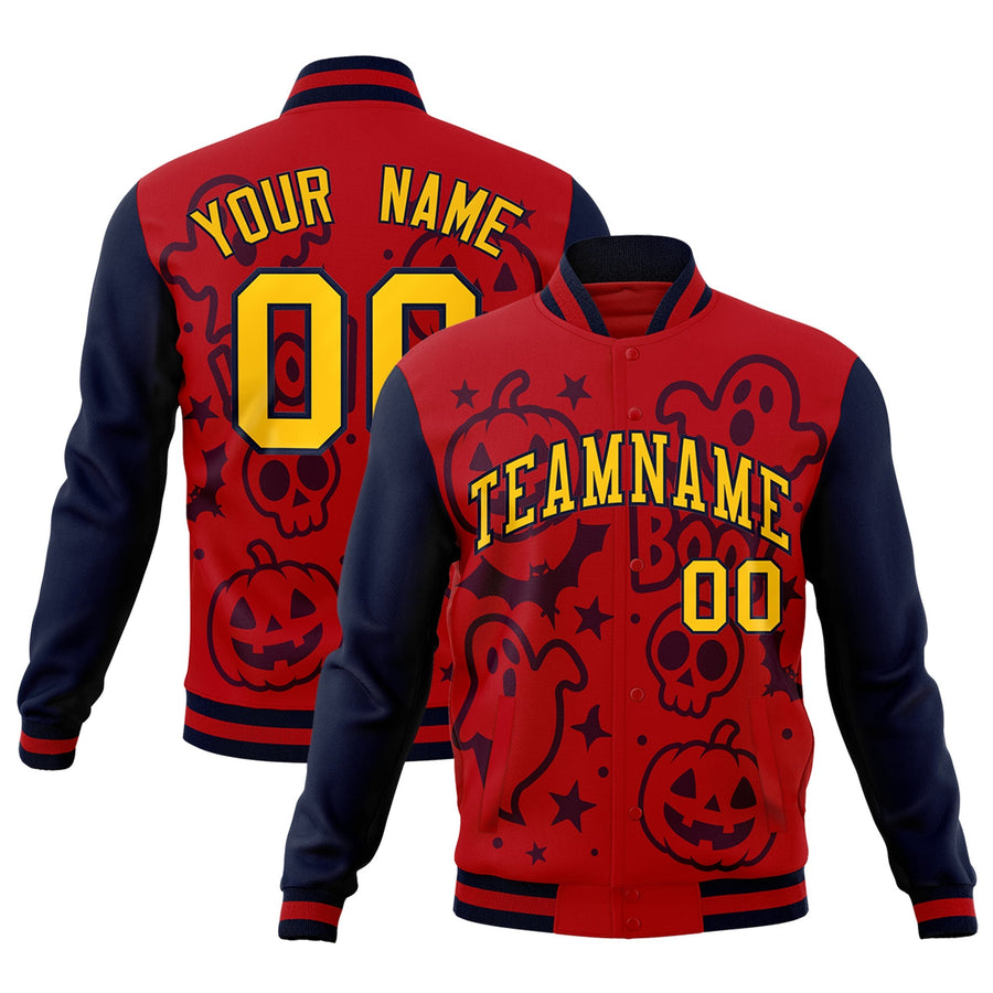 Custom Navy Red Gold Bats Pumpkins Ghost Patterns Halloween Letterman Jacket | BuyFootballJersey