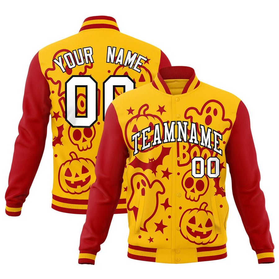 Custom Gold Red White Bats Pumpkins Ghost Patterns Halloween Letterman Jacket | BuyFootballJersey