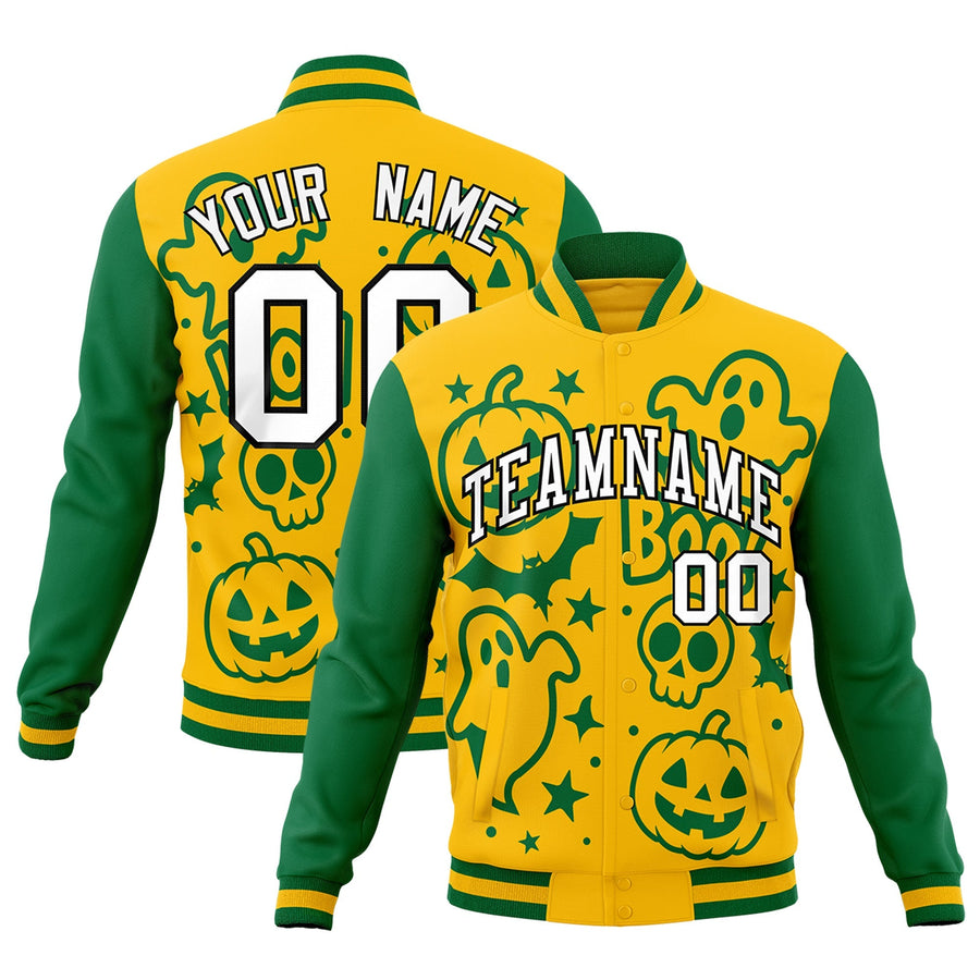 Custom Gold Kelly Green White Bats Pumpkins Ghost Patterns Halloween Letterman Jacket | BuyFootballJersey