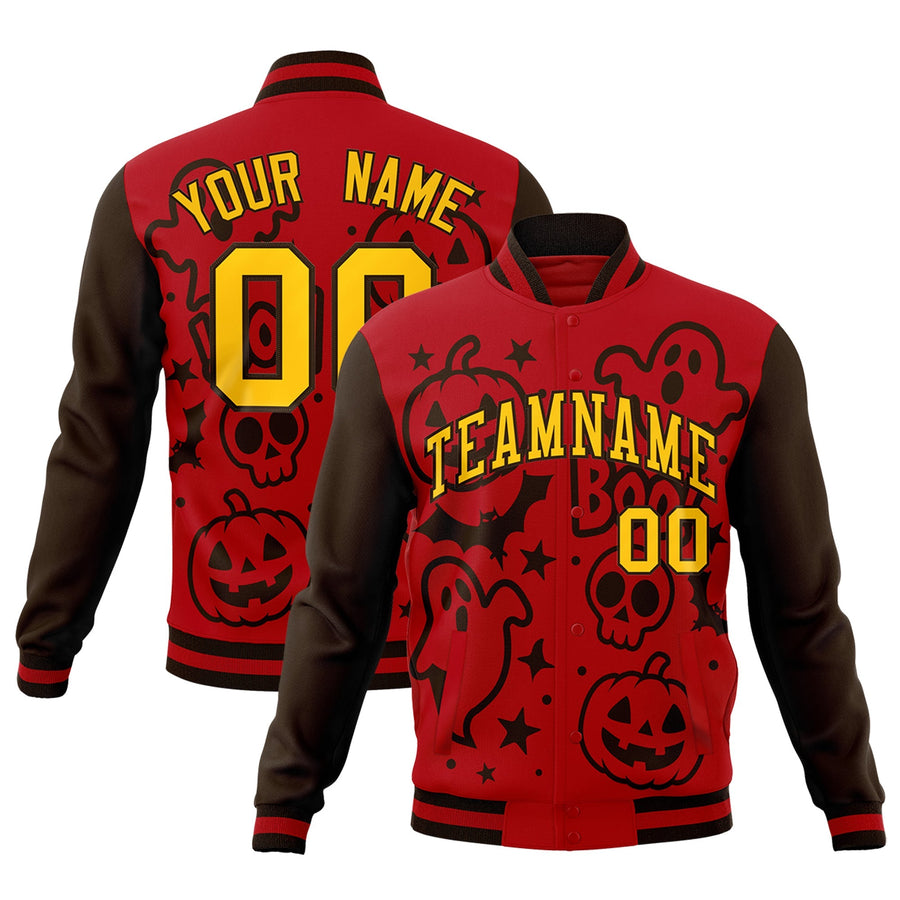 Custom Red Brown Gold Bats Pumpkins Ghost Patterns Halloween Letterman Jacket | BuyFootballJersey