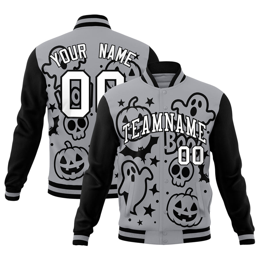 Custom Gray Black White Bats Pumpkins Ghost Patterns Halloween Letterman Jacket | BuyFootballJersey